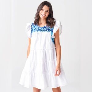 White Tiered Midi Dress with Blue Embroidered Yoke